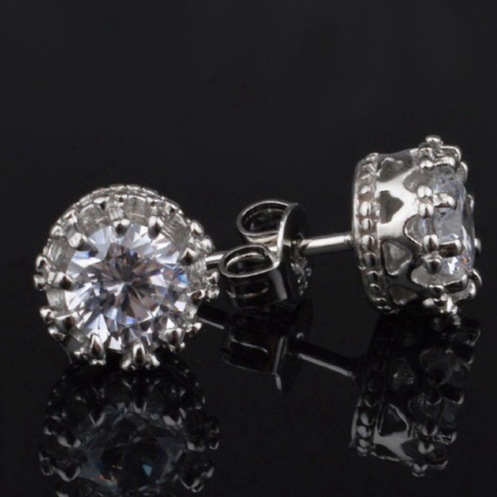 NEW 4 TCW Solitaire Diamond 925 Silver Crown Studs - Picture 5 of 7